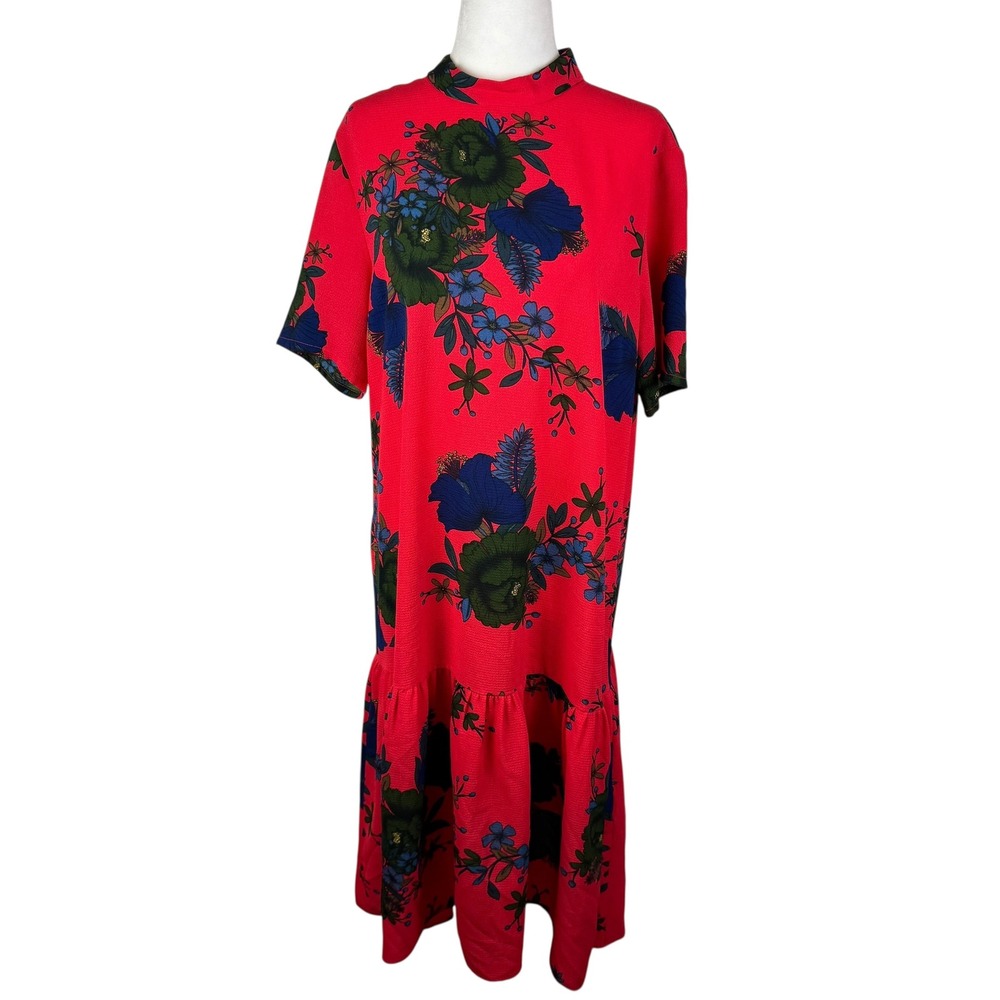 Jacqueline de Yong Red Floral Midi Dress‎ Size 38 Boho Cottage Lightweight Flowy - Picture 2 of 14